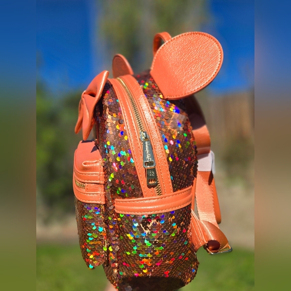 Loungefly Orange and Brown Sequin Mouse Ears Backpack - Picture 6 of 7